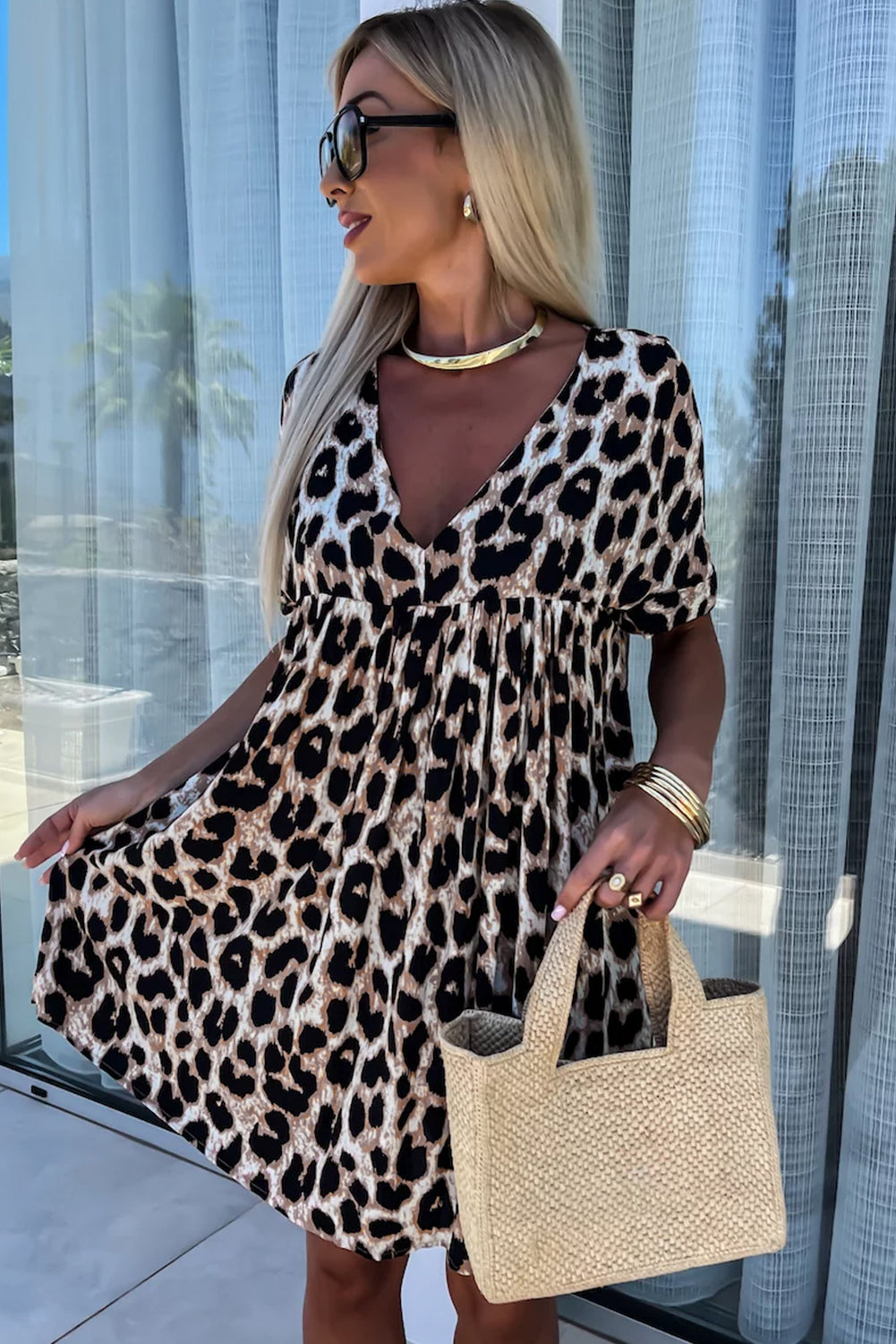 Khaki Leopard Print Backless V Neck Loose Fit Mini Dress