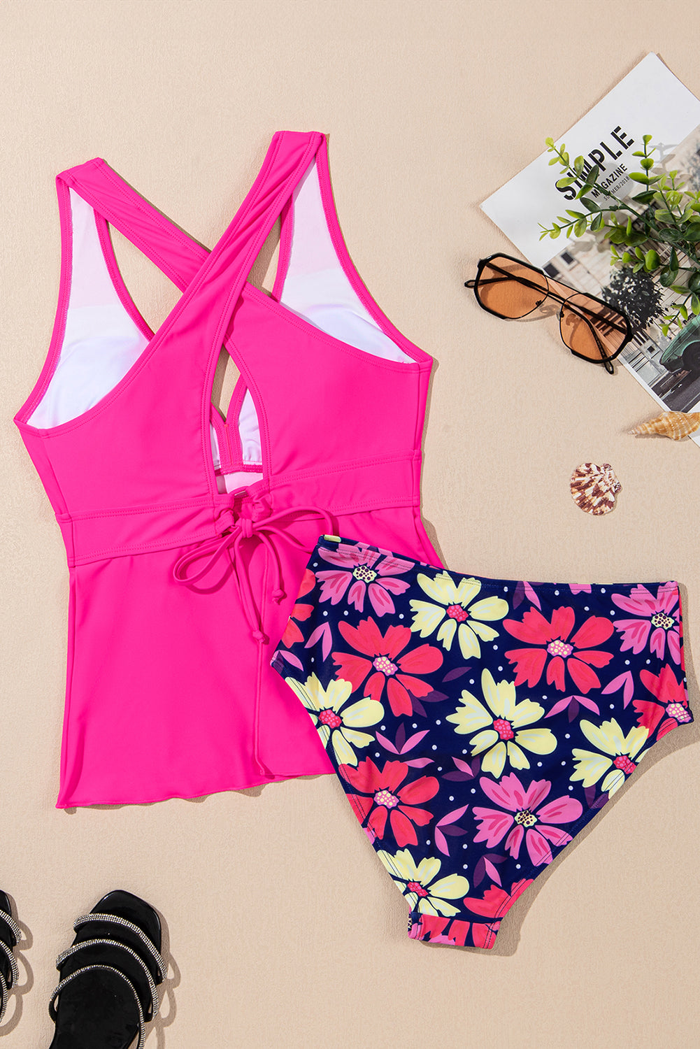 Rose V Neck Ruffle Hem Floral Bottom Tankini Set