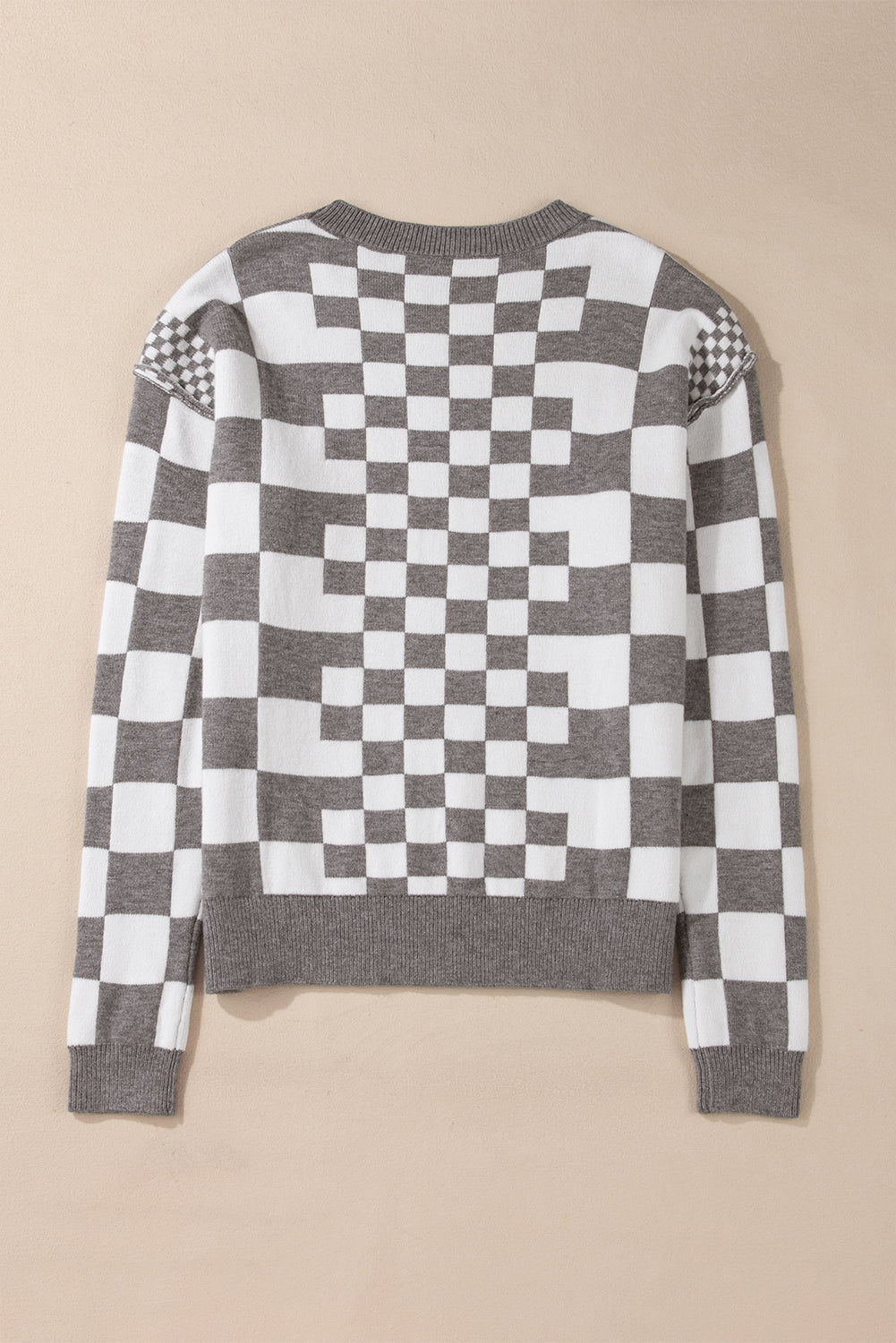 Black Checkered Drop Shoulder Round Neck Sweater