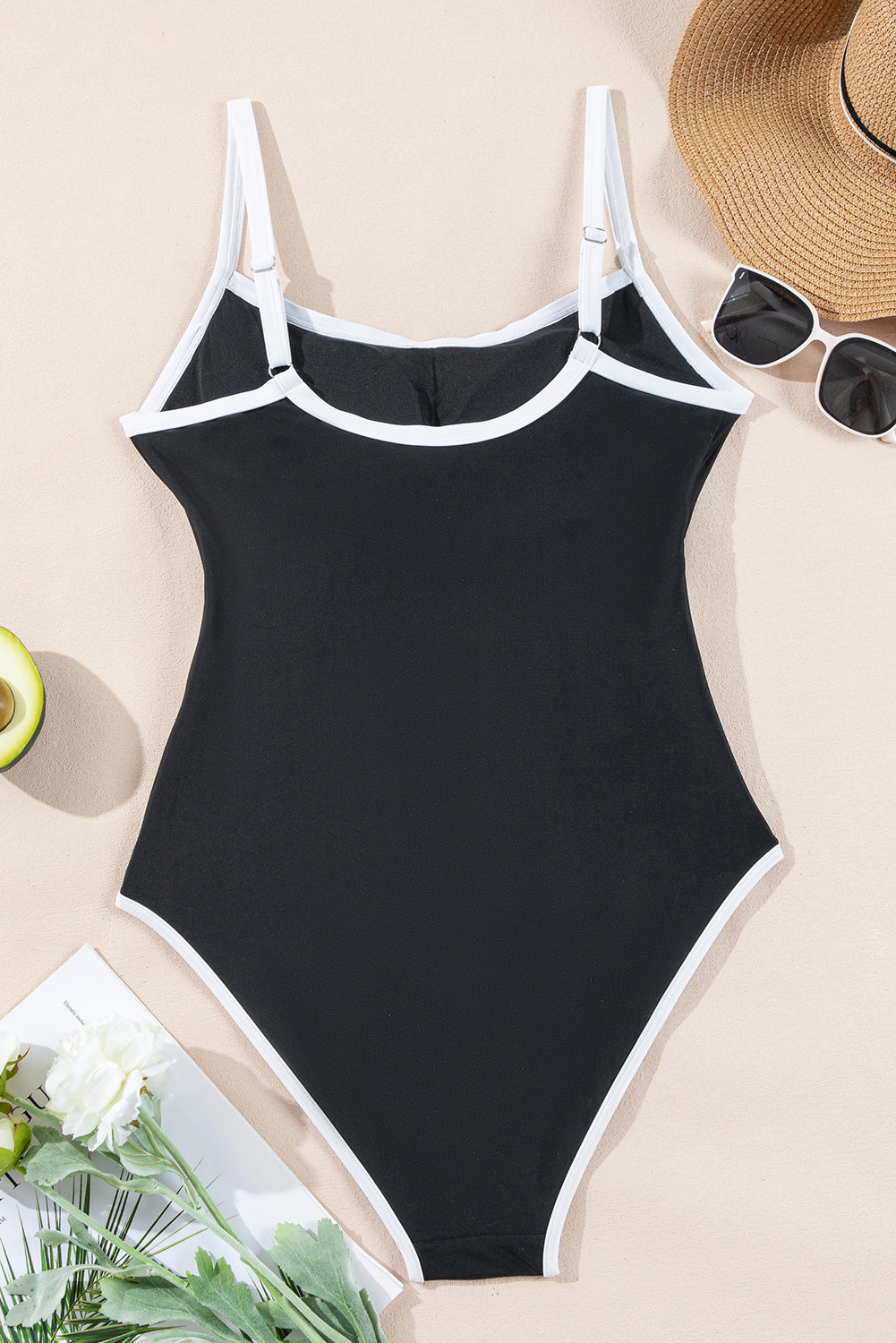 Black Contrast Trim Belted One Piece Swimsuit