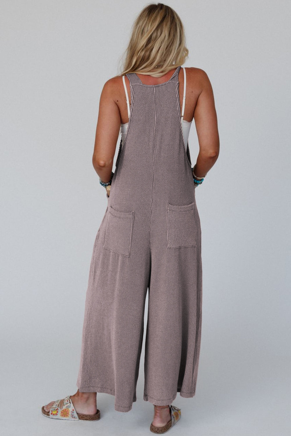 Philippine Gray Corded Solid Adjustable Straps Wide Leg Loose Jumpsuit