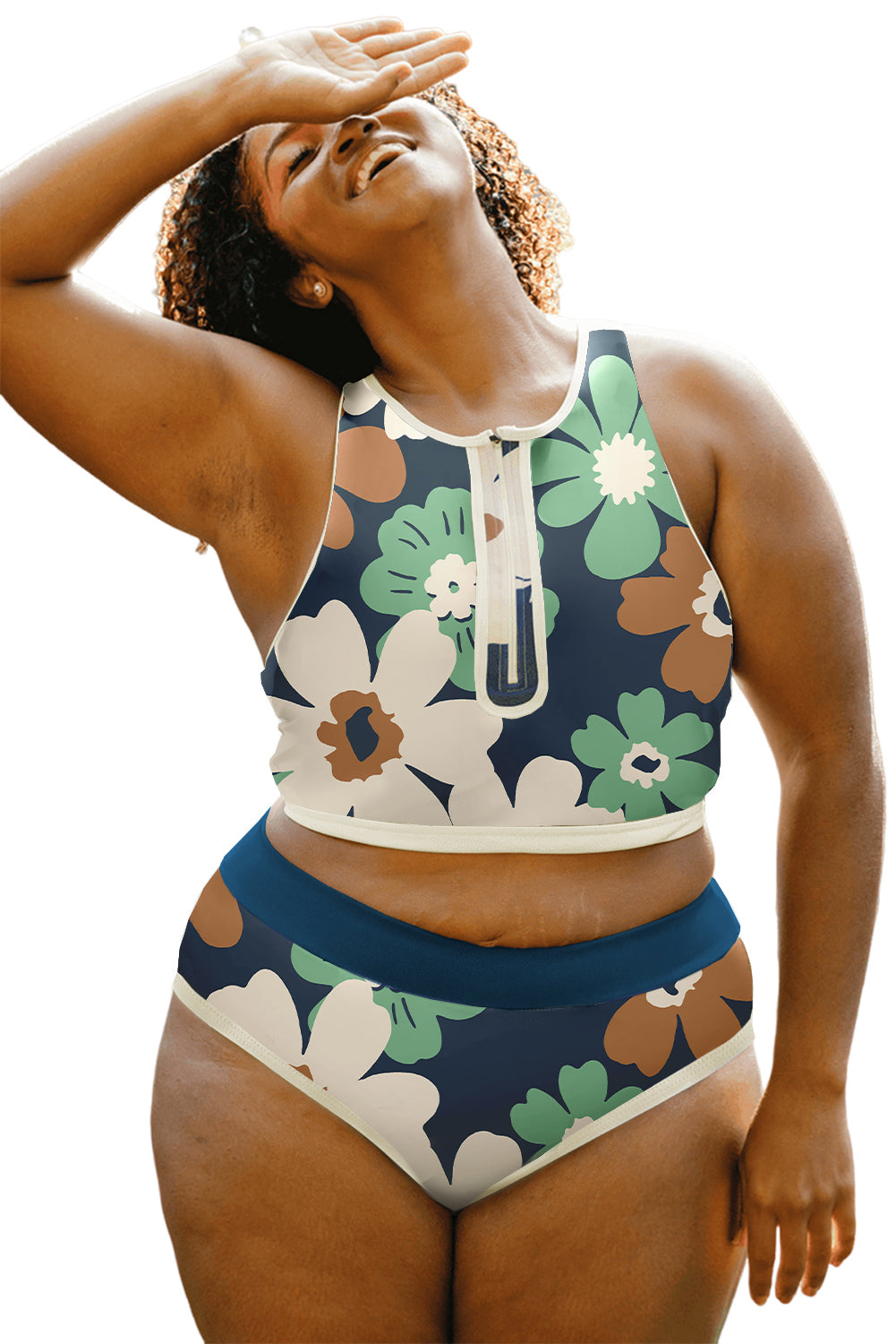 Green Floral Print Zipped Plus Size Two Pieces Bikini