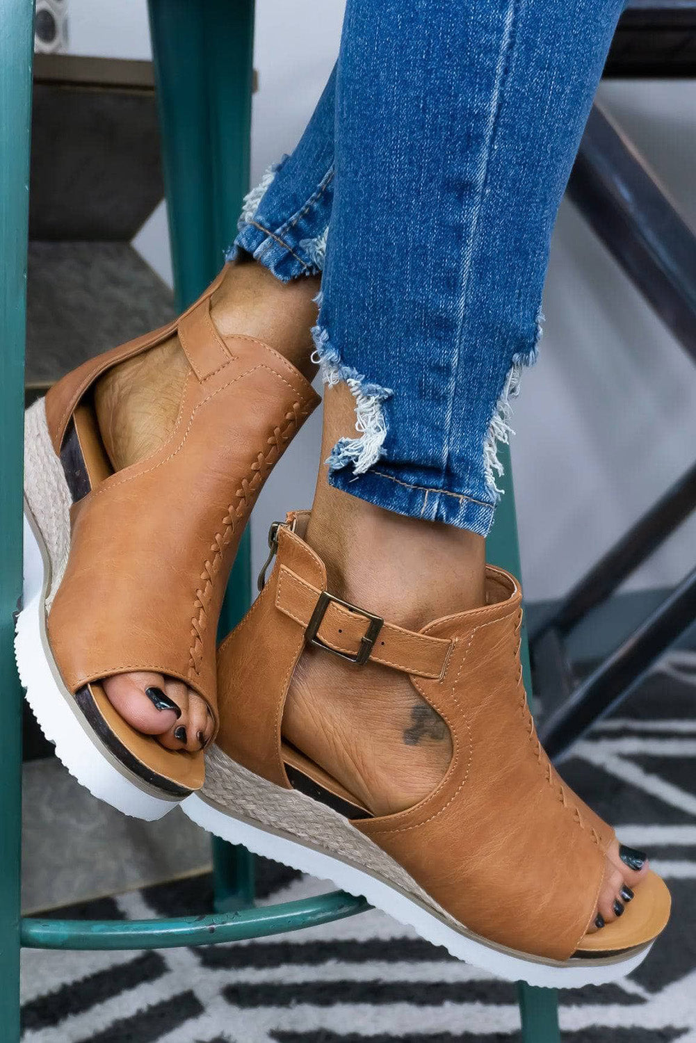 Khaki PU Cutout Buckle Strap Platform Sandals