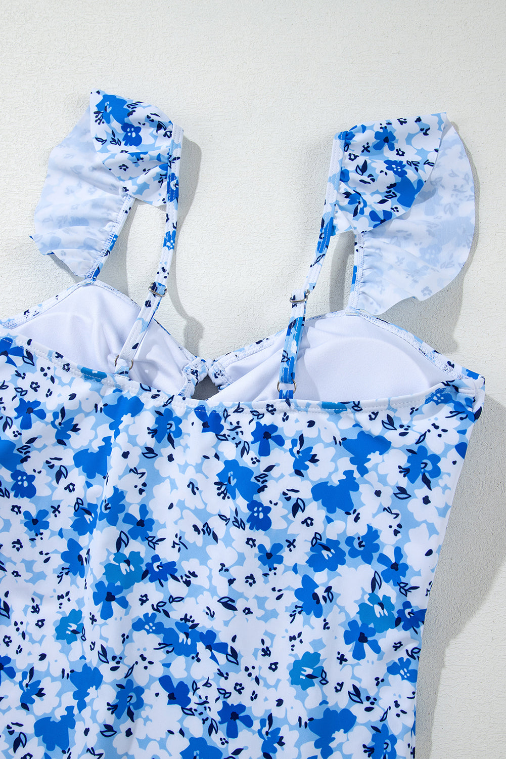 Blue Floral Ruffled Strap Lace Up Hollow Out One Piece Swimsuit