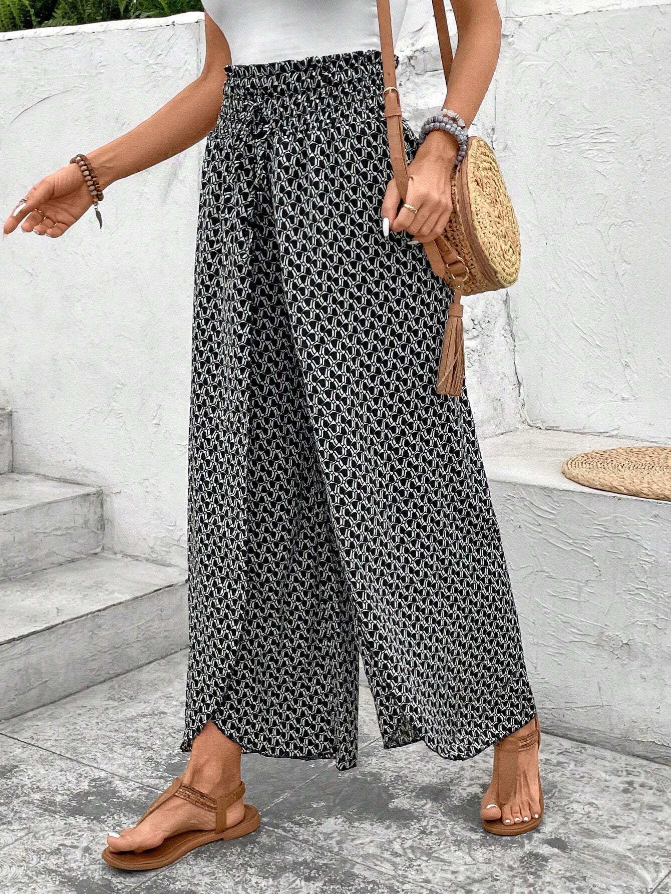 Black Floral Shirred Side Slit Wide Leg Pants