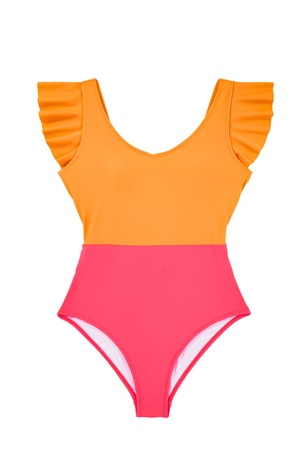 Vitality Orange Colorblock Ruffle Knotted Backless One Piece Swimsuit