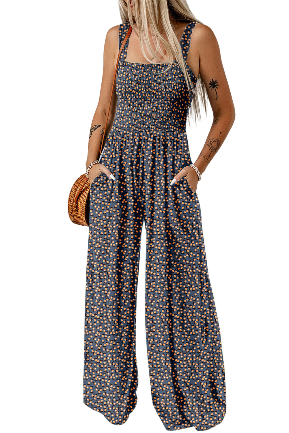 Blue Floral Square Neckline Stretch High Waist Jumpsuit