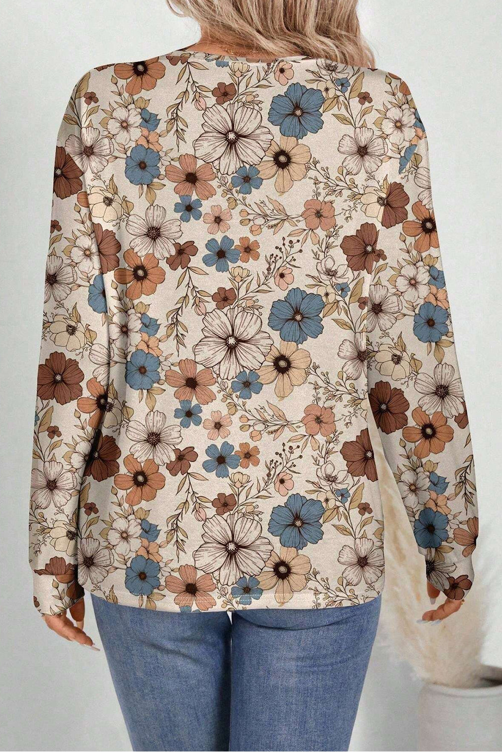 Khaki Allover Floral Print Crew Neck Long Sleeve Top