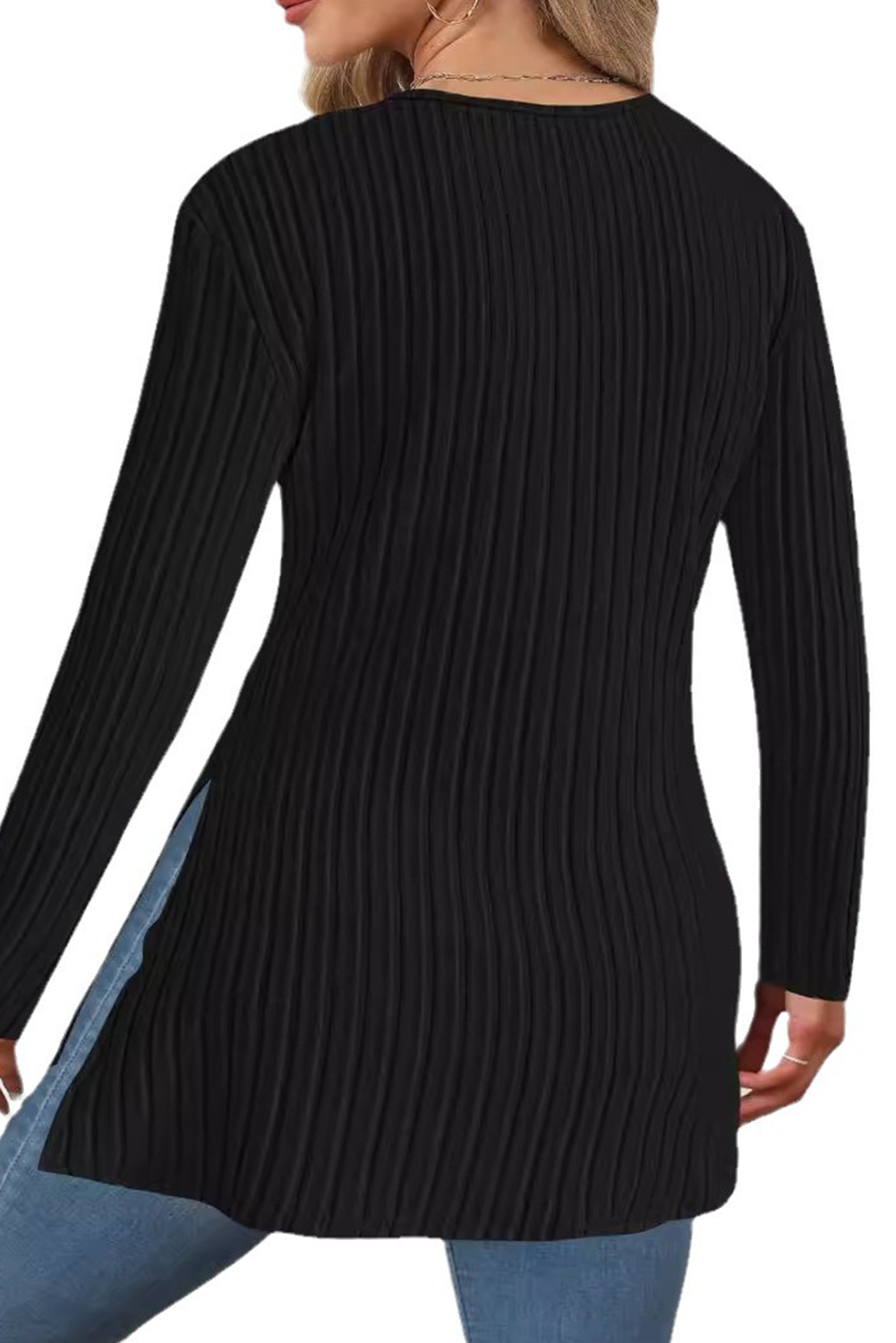 Black Solid Color Knitted V Neck Long Sleeve Top