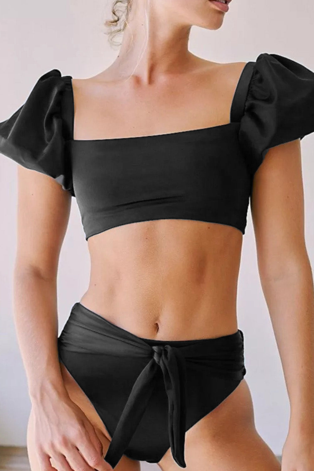 Black Sexy Puff Sleeve High Waisted Swimsuit