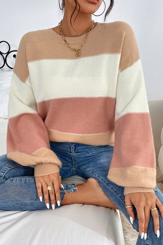 Dusty Pink Color Block Lantern Sleeve Drop Shoulder Sweater