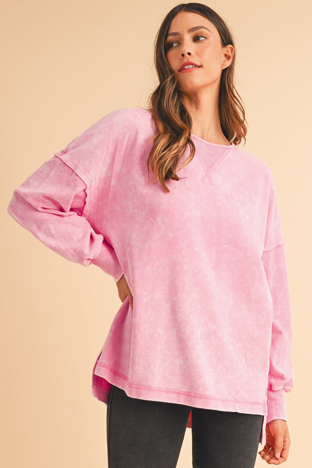 Strawberry Pink Mineral Wash Drop Shoulder Oversized Sweatshirt