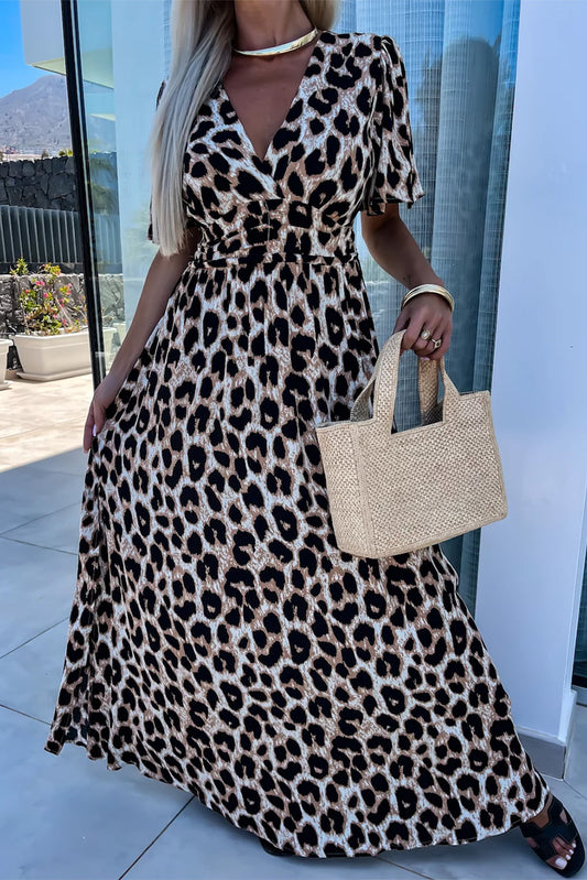 Khaki Leopard V Neck Cinched High Waist Open Back Maxi Dress