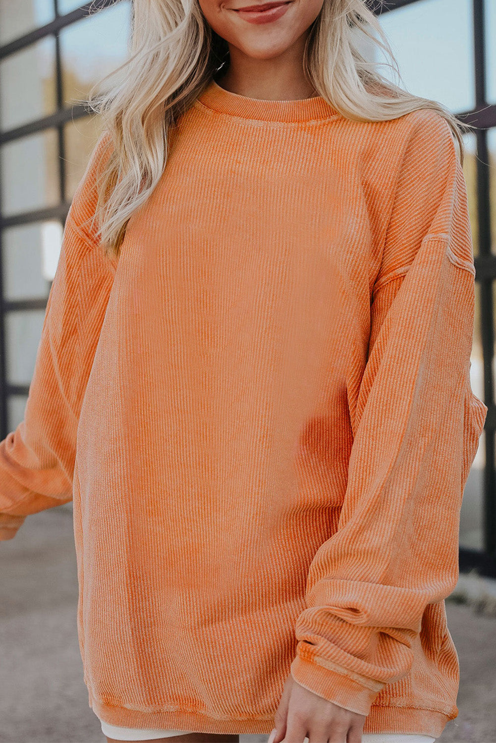 Apricot Drop Shoulder Crinkle Rib Oversized Sweatshirt