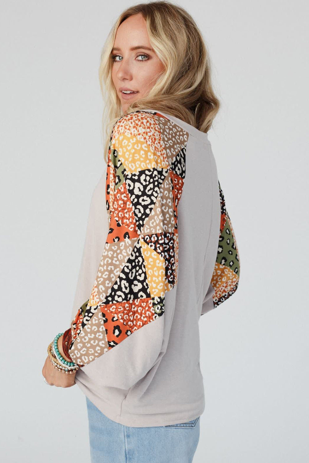 Parchment Leopard Patchwork Lantern Sleeve V Neck Loose Top