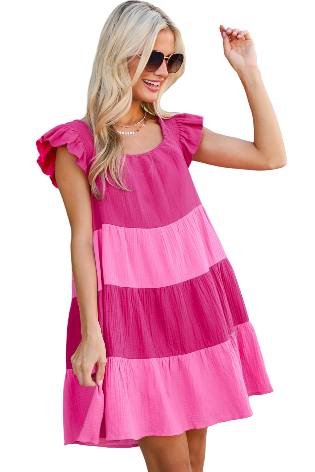 Pink Crinkled Colorblock Patchwork Tiered Mini Dress