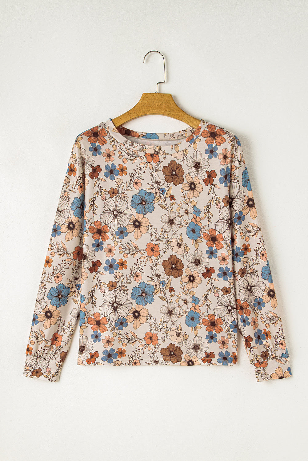 Khaki Allover Floral Print Crew Neck Long Sleeve Top