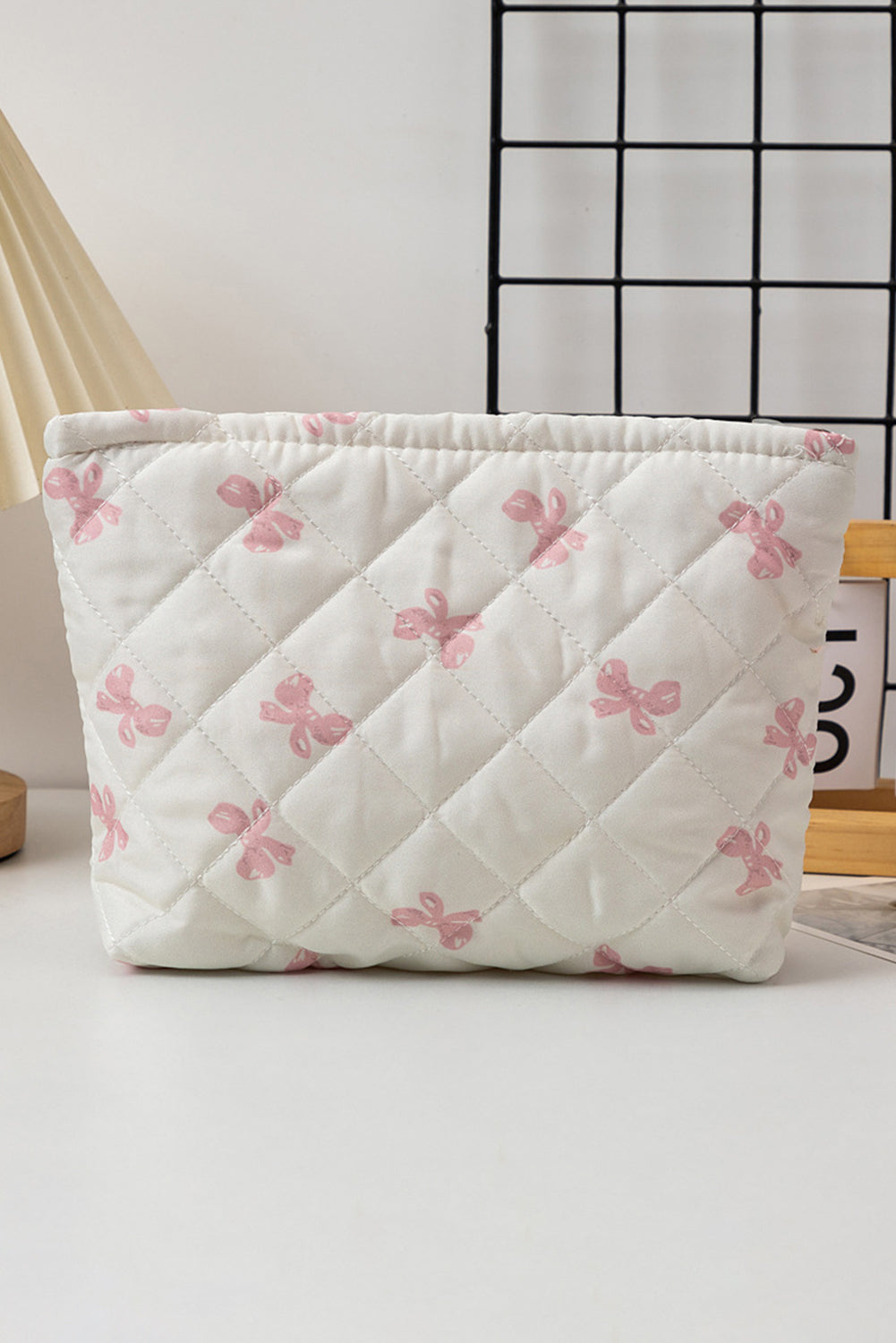 Pink Bow Print Zipper Quilted Large Cosmetic Bag