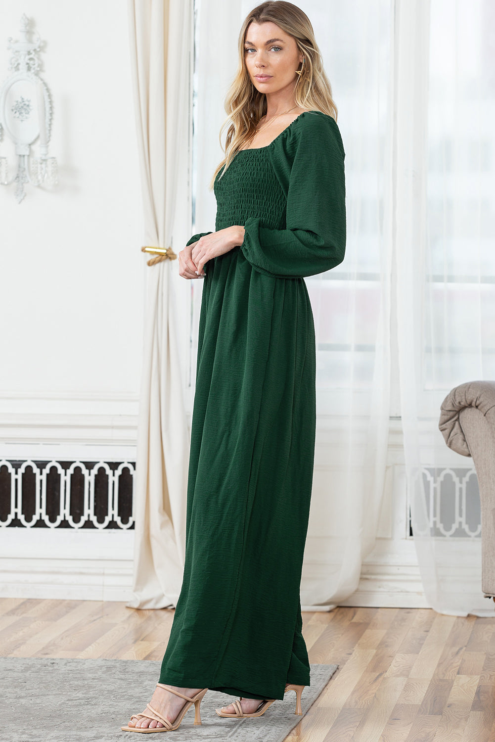 Green Smocked Square Neck Long Sleeve Wide Leg Jumpsuit