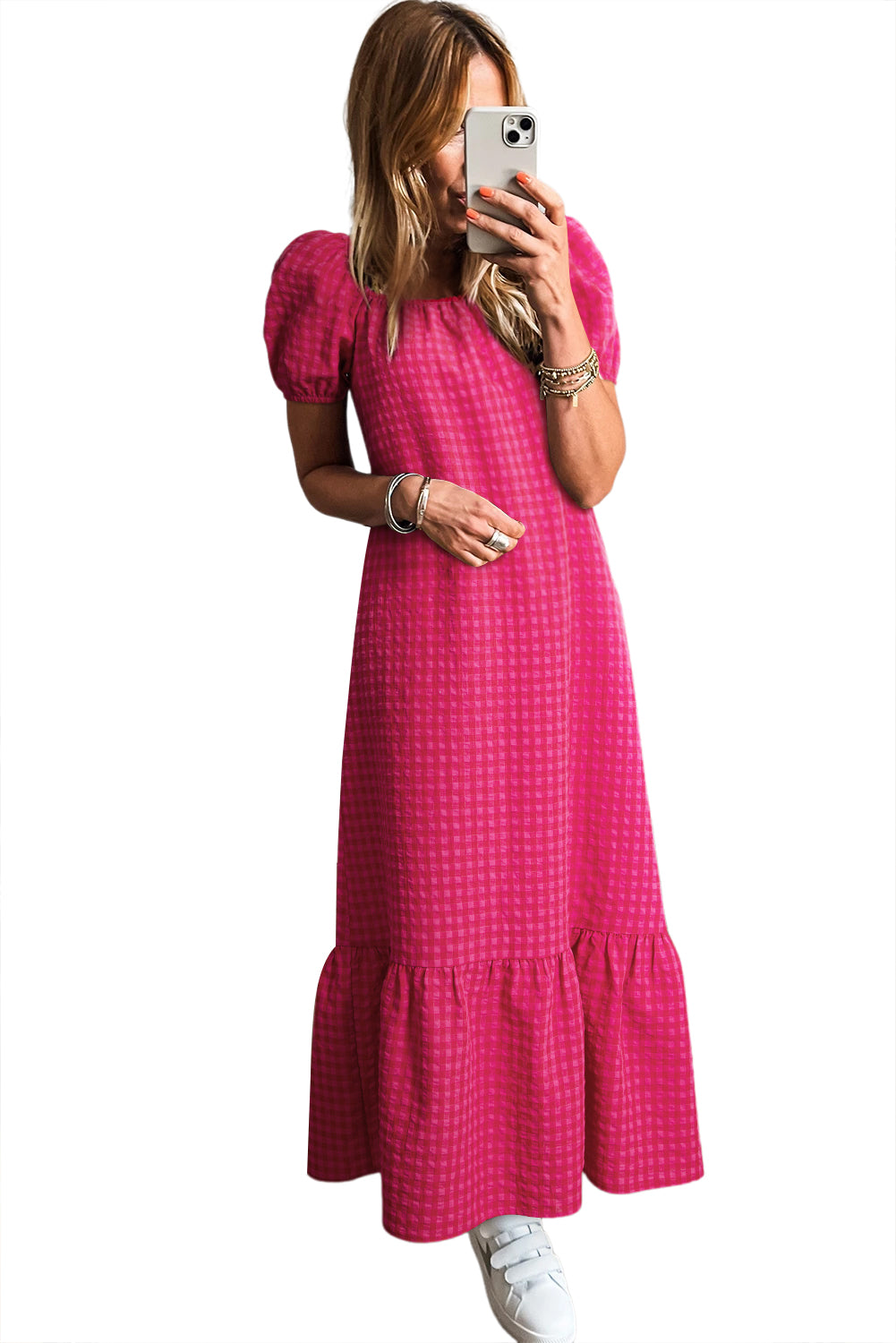 Rose Plaid Square Neck Puff Sleeve Maxi Dress