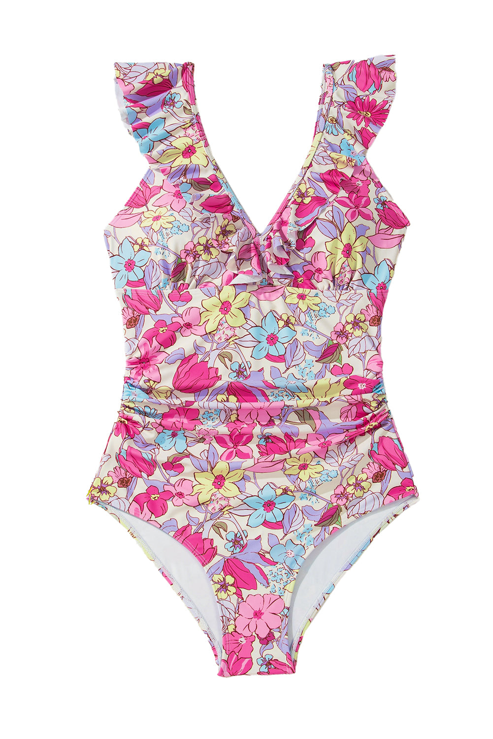 Pink Floral Ruffle Trim V Neck Backless One Piece Swimsuit