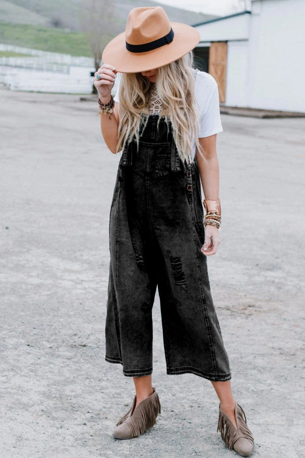 Stone Blue Distressed Bib Pocket Wide Leg Denim Overall