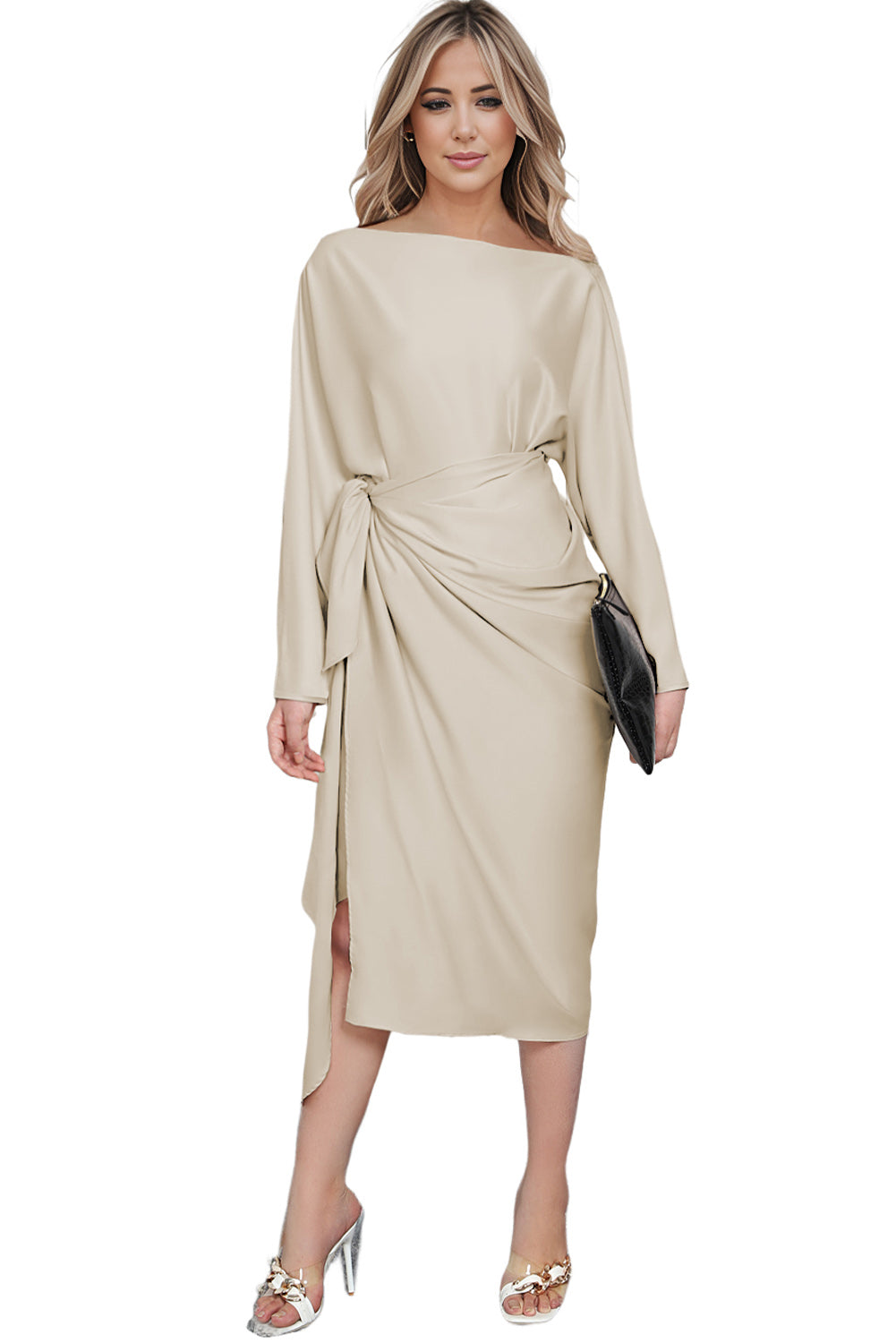 Apricot Satin Elegant Wrap Tie Side Boat Neck Long Sleeve Dress