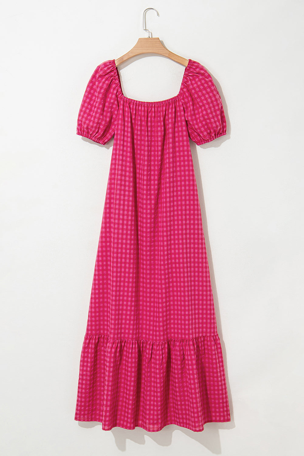 Rose Plaid Square Neck Puff Sleeve Maxi Dress