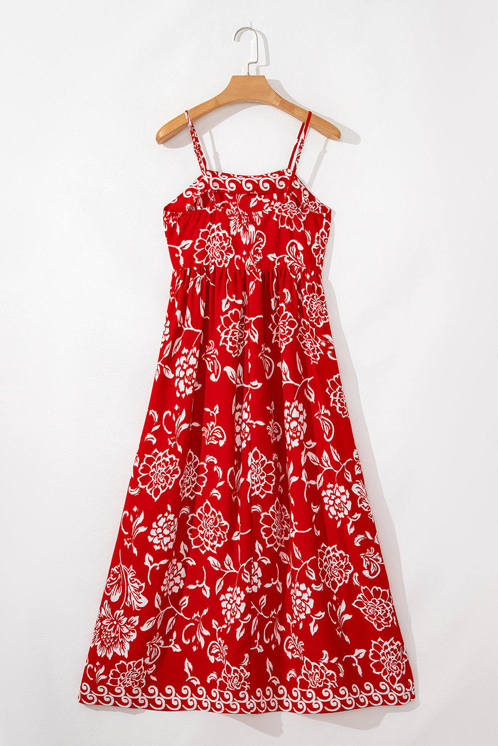 Red Floral Print Spaghetti Strap Empire Waist Maxi Dress