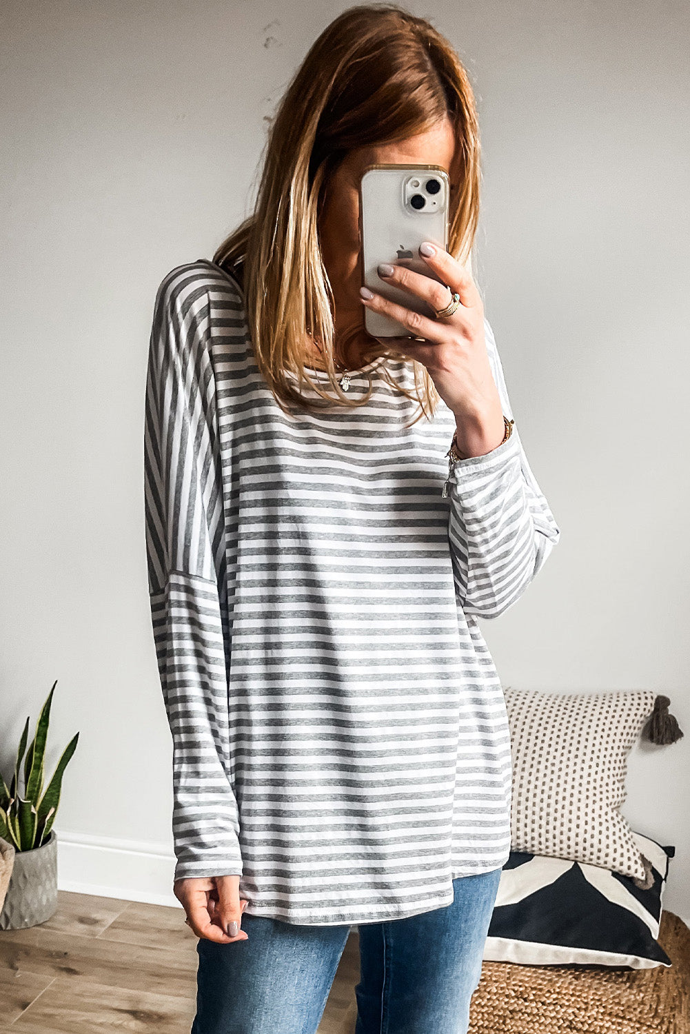 Gray Stripe Drop Sleeve Round Neck Oversized Top