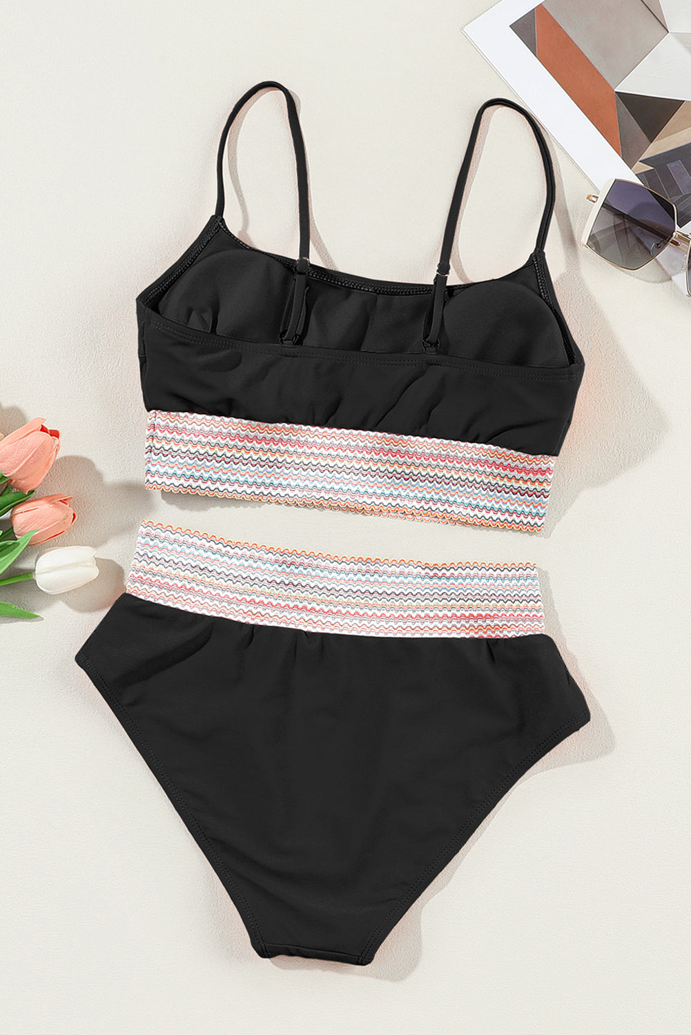 Rose Striped Patchwork Spaghetti Strap High Waist Bikini Set