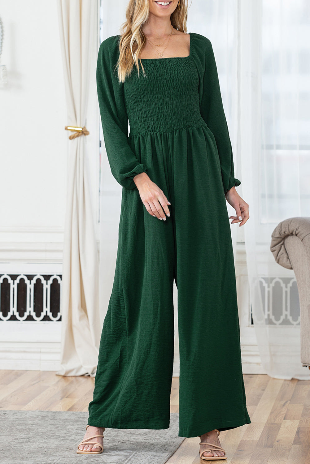 Green Smocked Square Neck Long Sleeve Wide Leg Jumpsuit