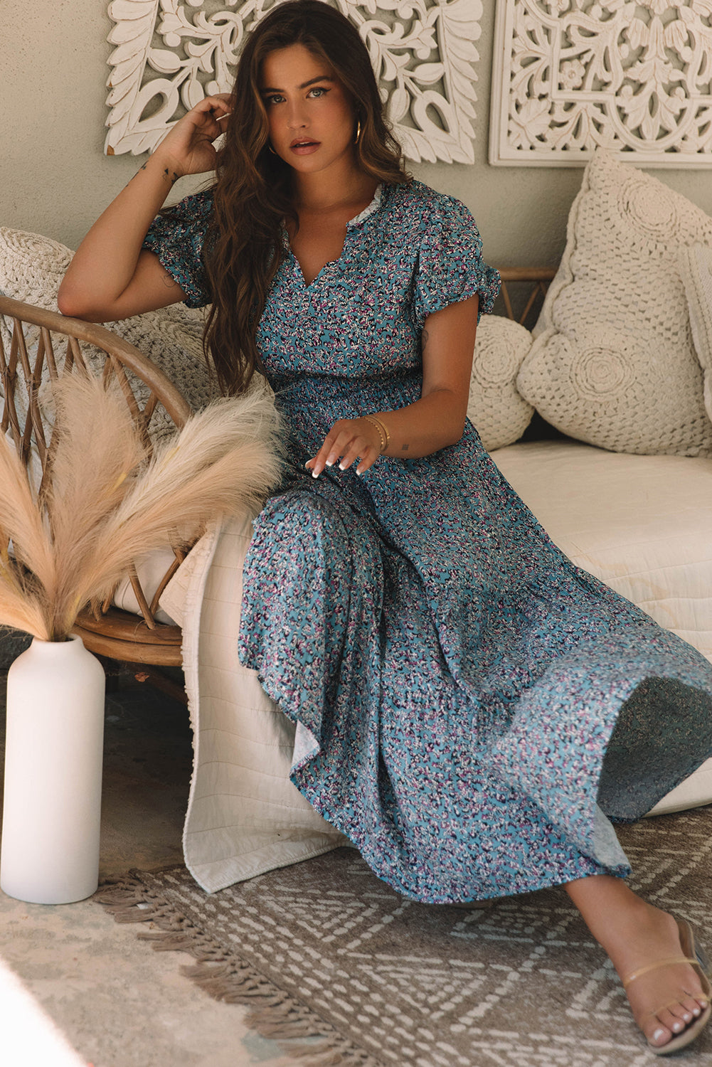 Blue Printed V Neck Shirred Short Puff Sleeve Maxi Dress