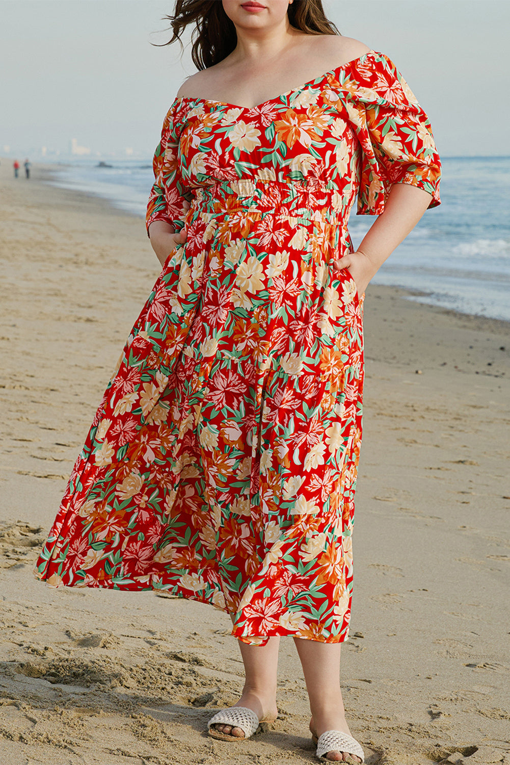 Orange Plus Size  Floral V Neck Cinched Waist Maxi Dress