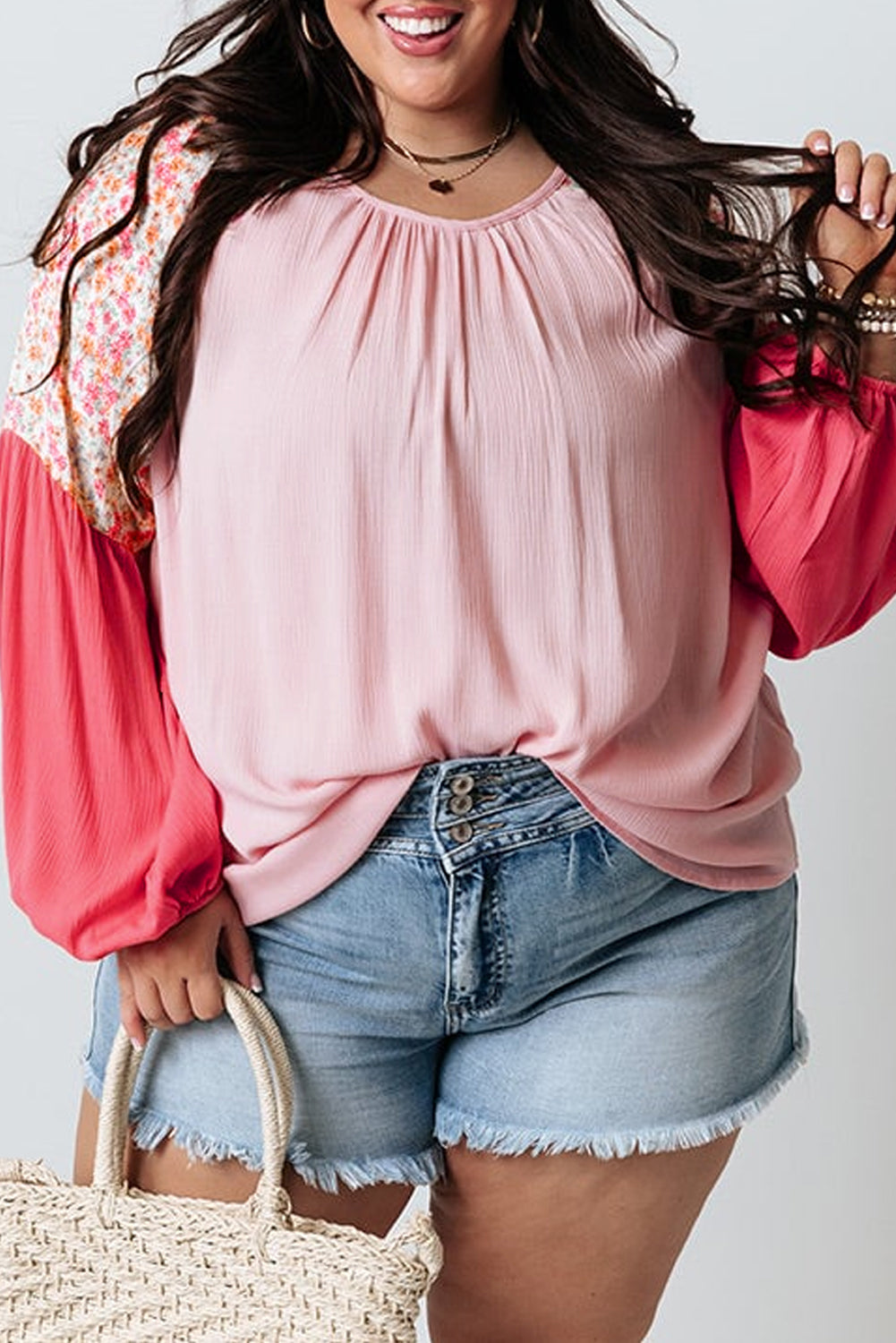 Pink Floral Patchwork Long Sleeve Crinkle Plus Size Blouse