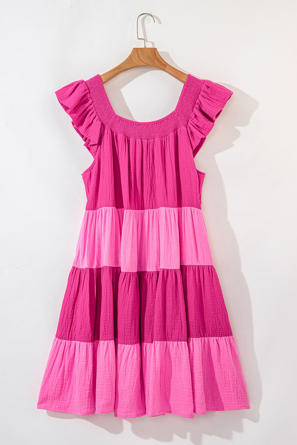 Pink Crinkled Colorblock Patchwork Tiered Mini Dress