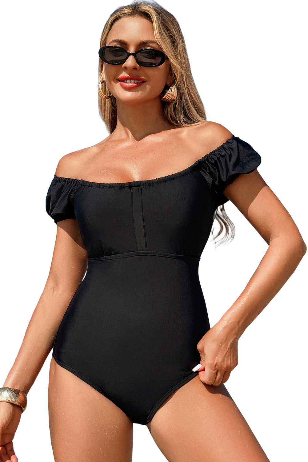 Black Elastic Neckline Short Sleeve One Piece Swimsuit