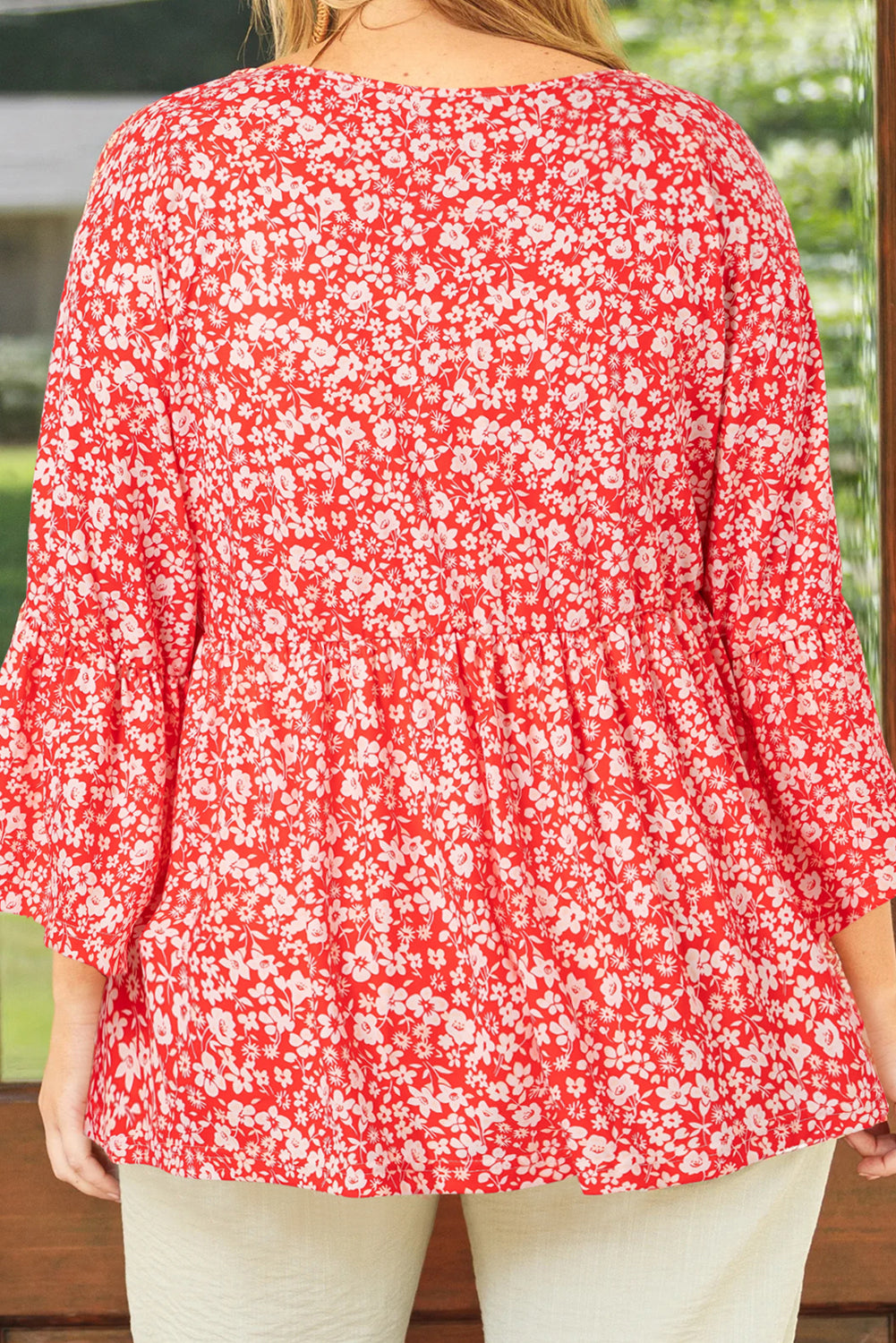 Red Plus Size Floral V Neck Flared Sleeve Blouse