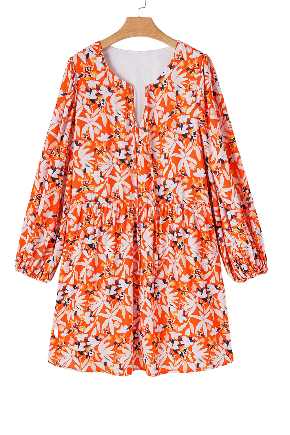 Orange Floral Print Split V Neck Bubble Sleeve Plus Size Midi Dress