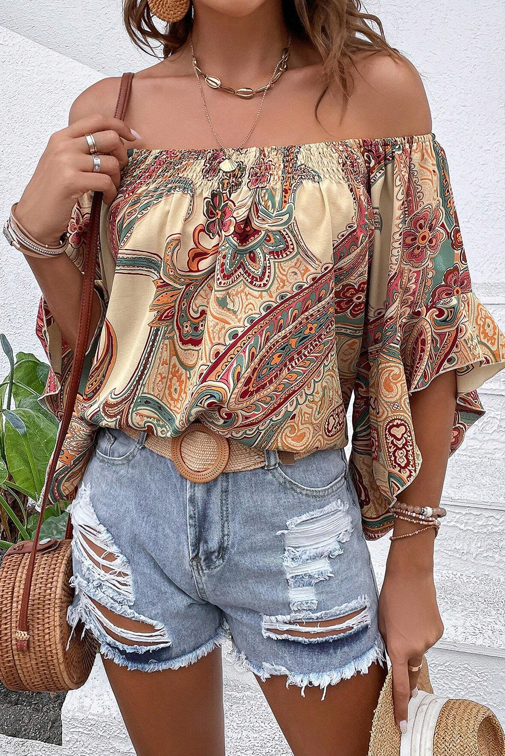 Apricot Paisley Print Shirred Off Shoulder Ruffle Half Sleeve Blouse