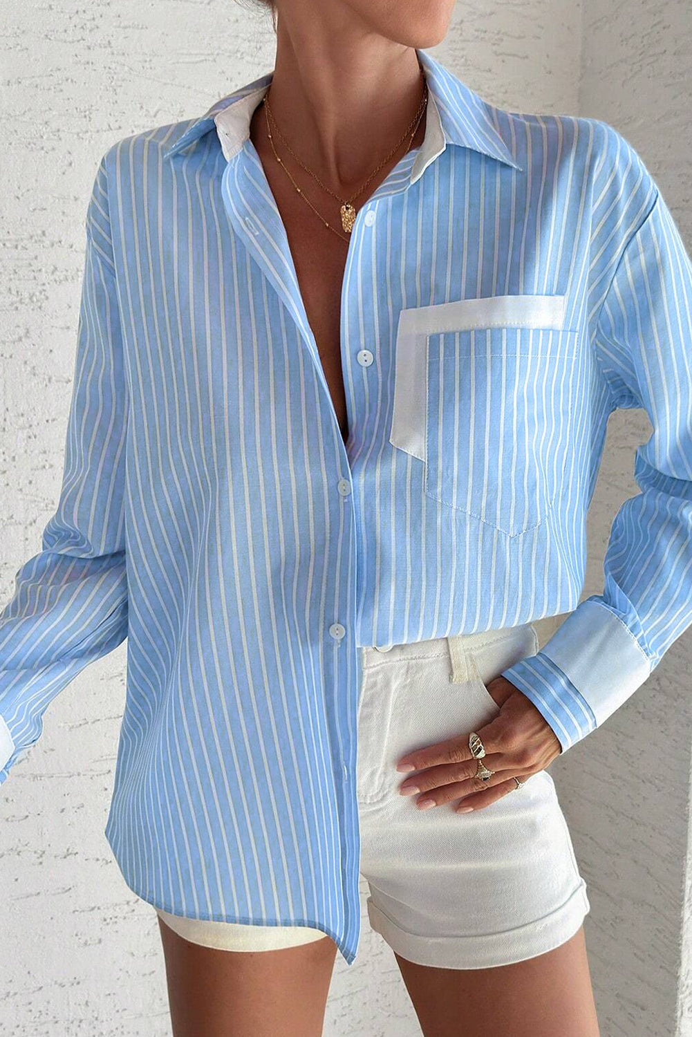 Sky Blue Stripe Contrast Patch Pocket Casual Shirt