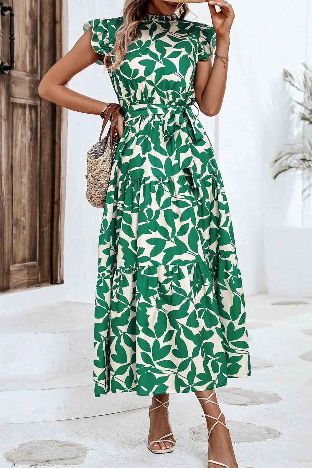 Green Leaf Print Ruffle Mock Neck High Waist Sleeveless Dress