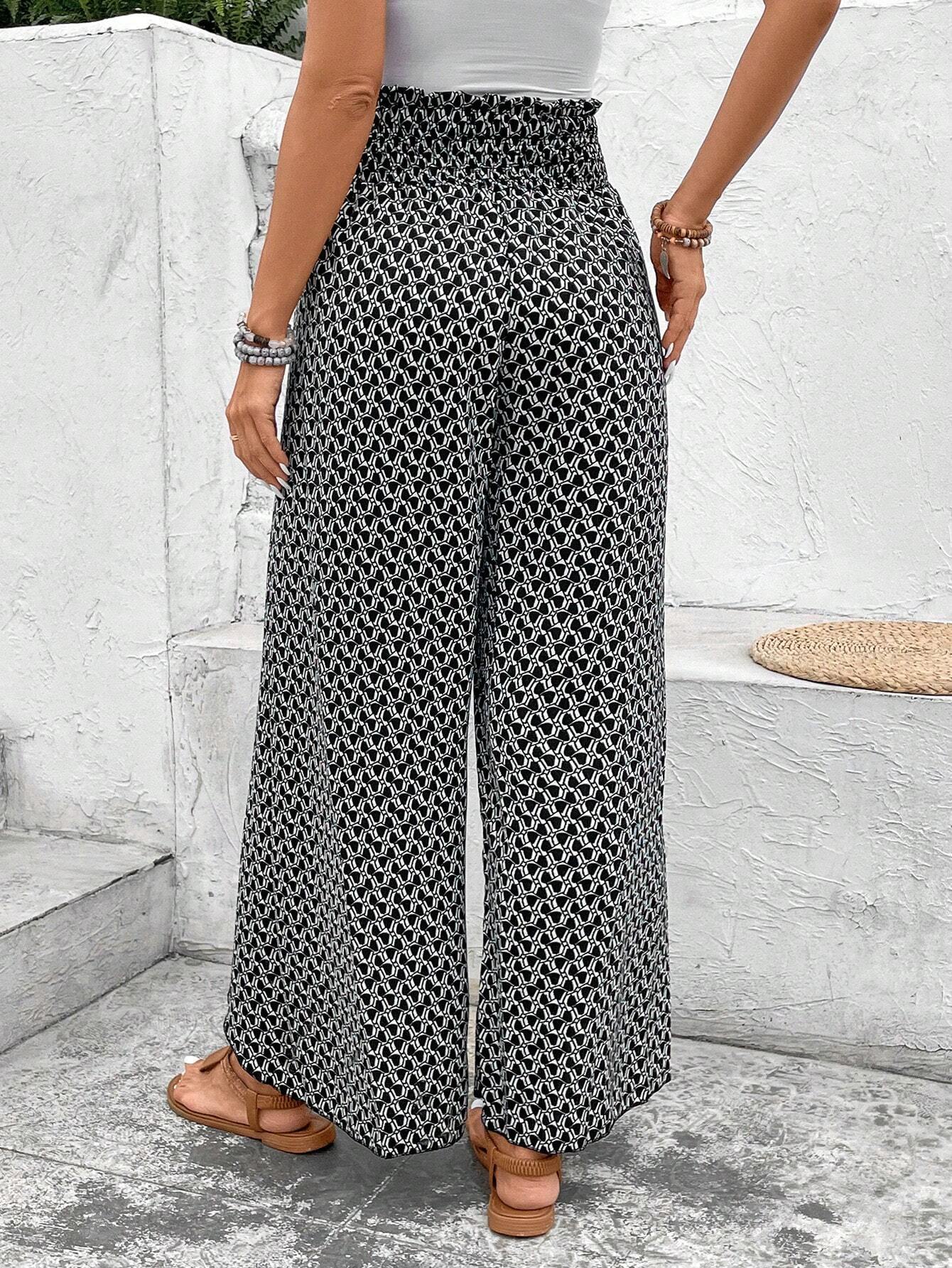 Black Floral Shirred Side Slit Wide Leg Pants