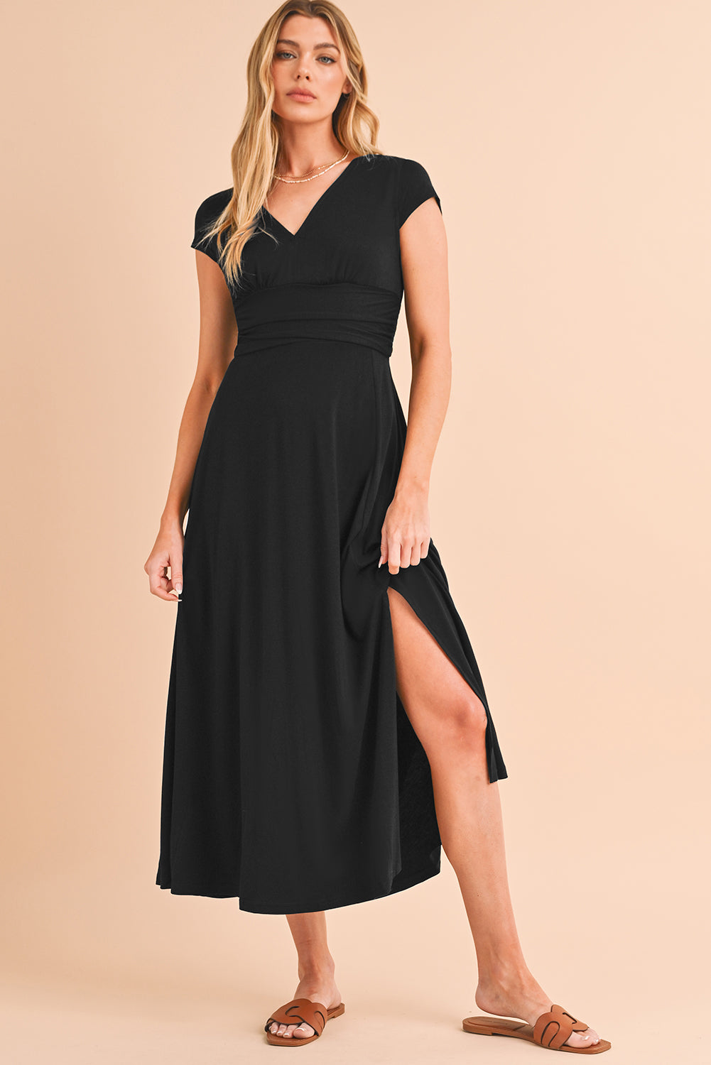 Black Deep V Neck Ruched High Waist Midi Dress