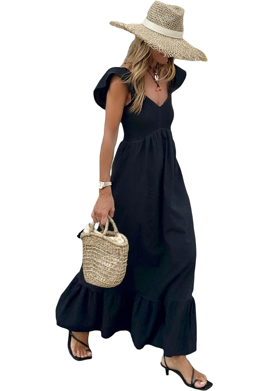 Black V Neck Flutter Sleeve Smocked Bodice High Waist Ruffle Maxi Dress