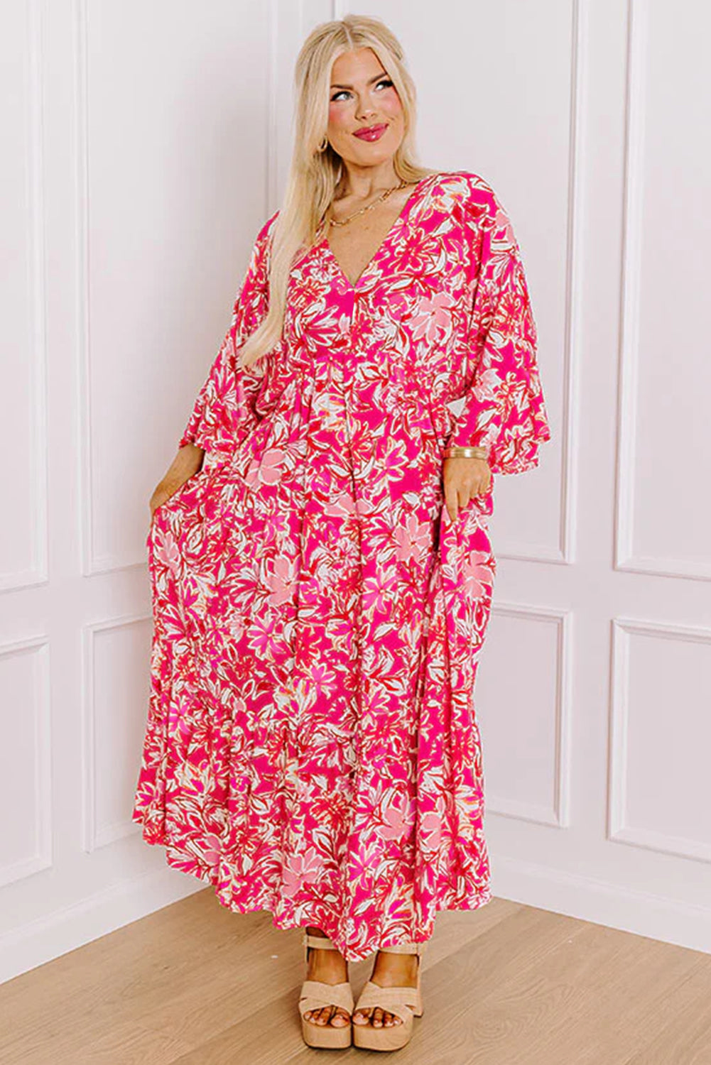 Rose Plus Size Floral V Neck Flounce Sleeve Boho Maxi Dress