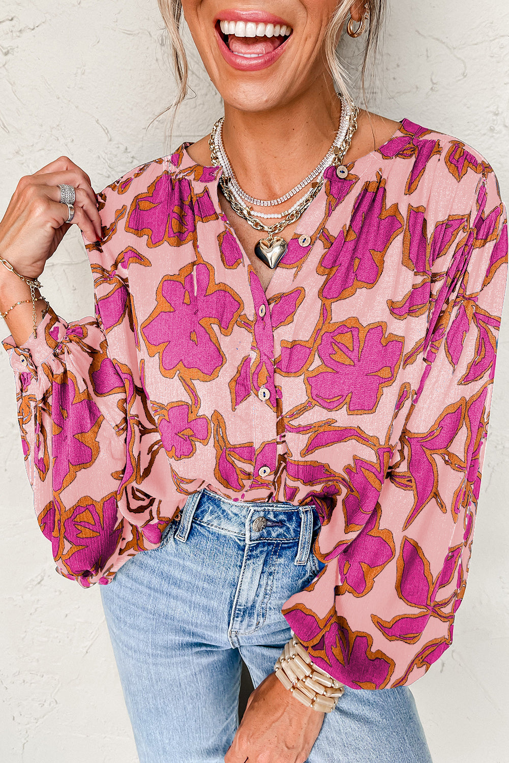 Pink Floral Print Batwing Sleeve Button Loose Fit Blouse