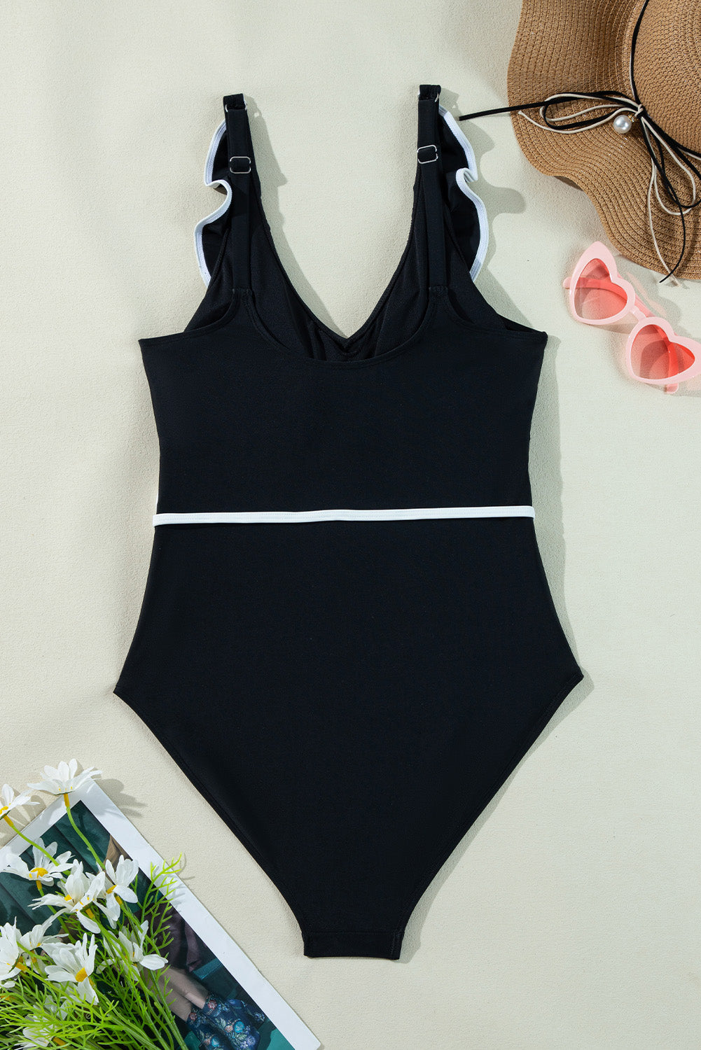 Black Color Contrast Ruffled Wrap V Neck Swimsuit