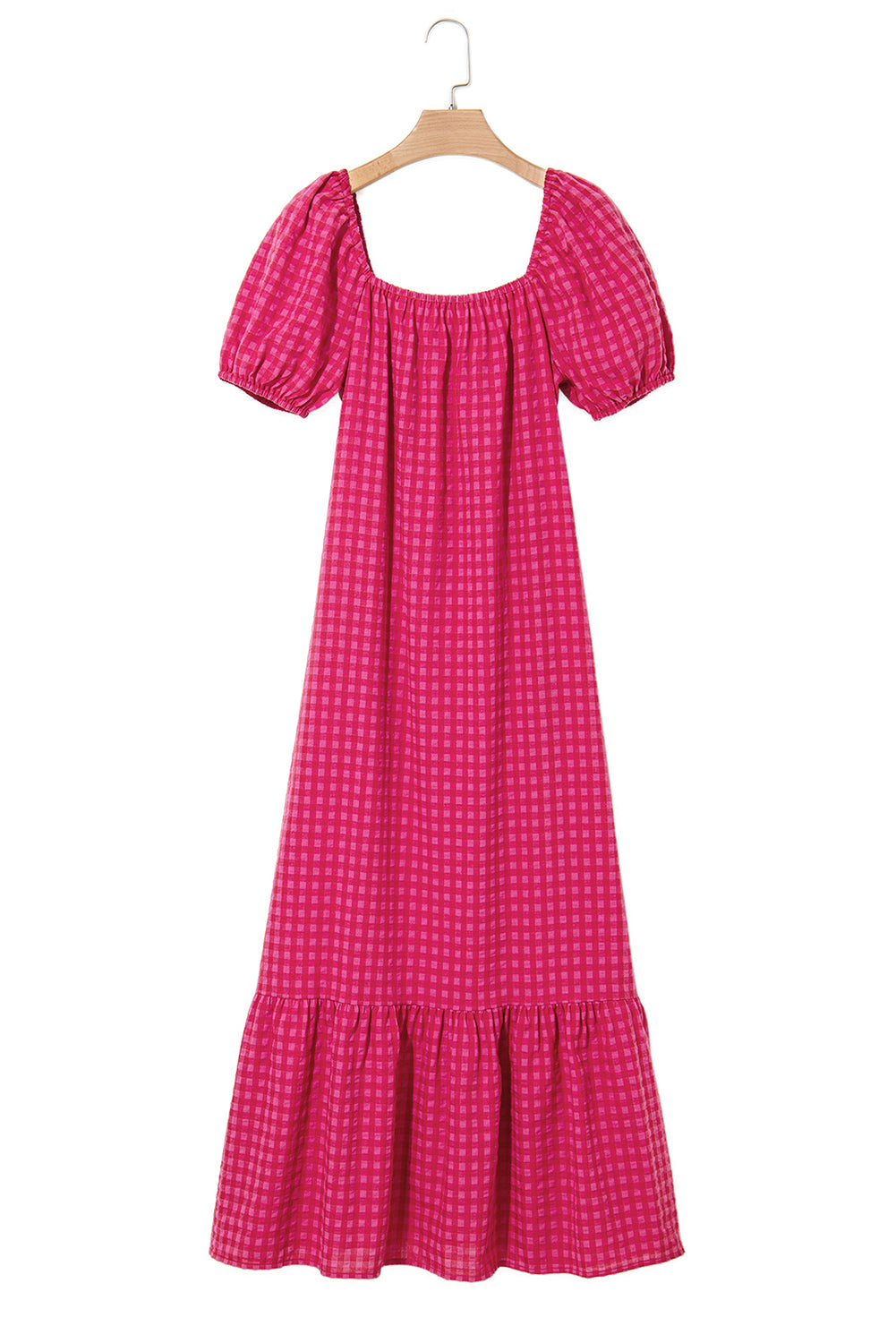 Rose Plaid Square Neck Puff Sleeve Maxi Dress