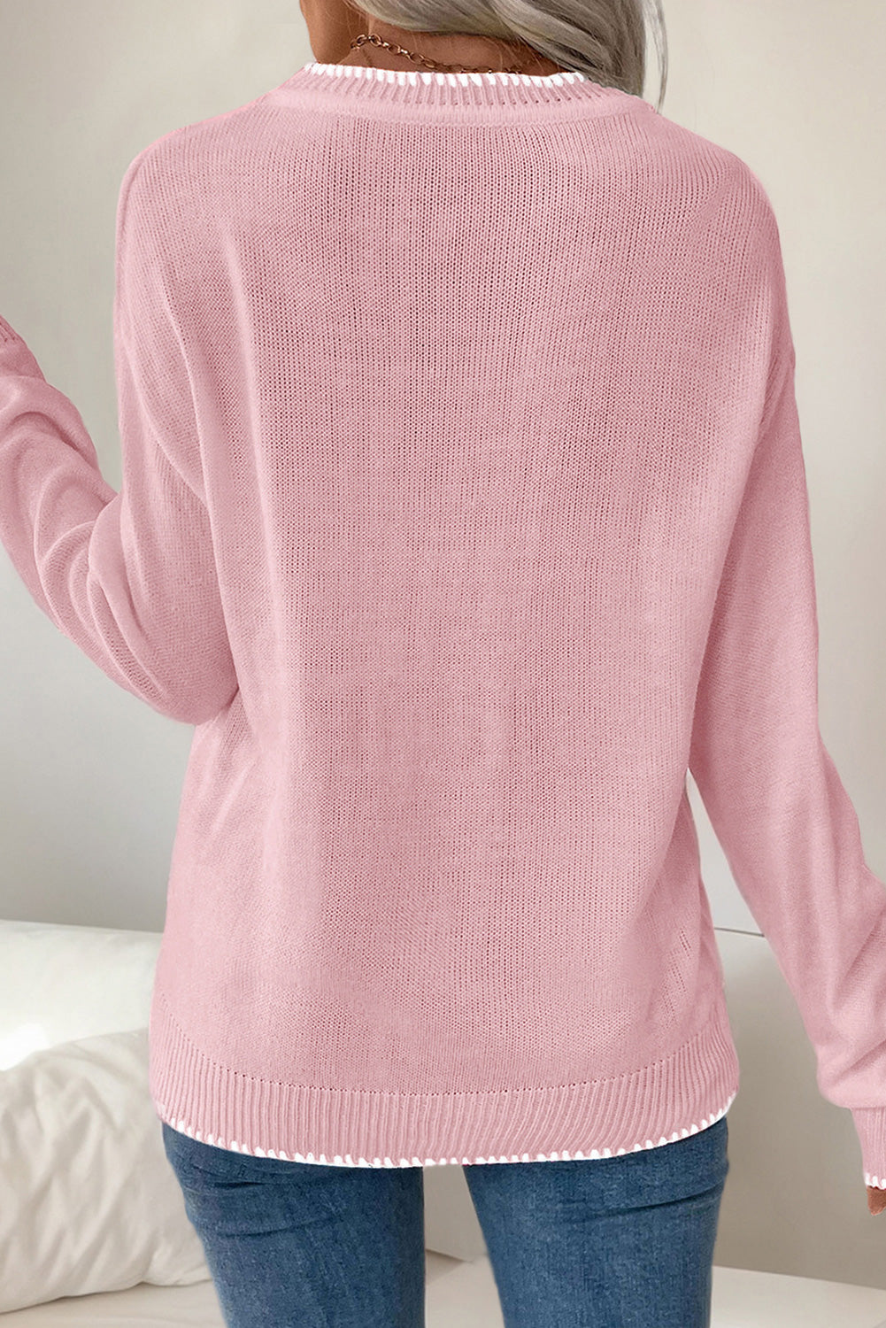 Pink Sweet Bow Drop Sleeve Round Neck Sweater